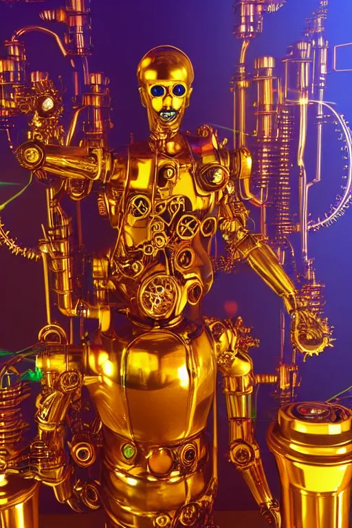 Prompt: portrait photo of a giant huge golden and blue metal humanoid steampunk cyborg bartender with a cocktail shaker, with a human face and gears and tubes, eyes are glowing red lightbulbs, shiny crisp finish, 3 d render, 8 k, insaneley detailed, fluorescent colors, background is multicolored lasershow