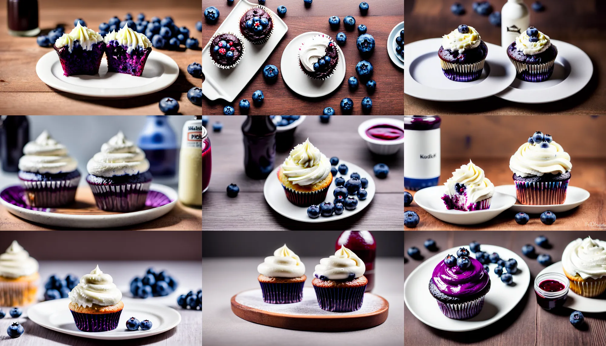 Prompt: kodak portra 4 0 0, medium format, food photography of a blueberry cupcake on a wooden plate, with white creme topping and a bottle of blueberry sauce on the side, narrow shot,, macro shot, hasselblad x 1 d - 5 0 c, 1 0 0 mm f 1. 8, soft light