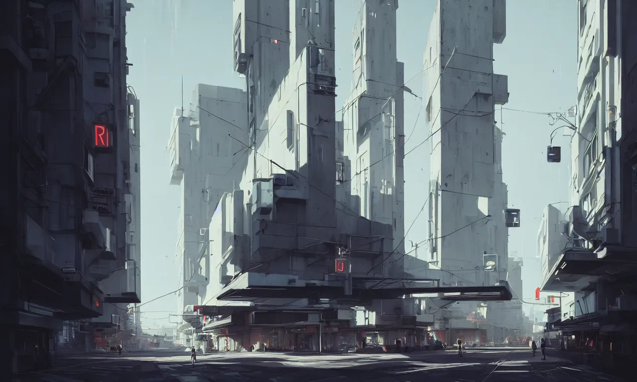 Prompt: photorealistic streetscape, simple brutalist architecture, white neon lights, neon signs, flying vehicles, pedestrians, greg rutkowski, syd mead, ralph mcquarrie, concept art, matte painting, finely detailed, minimal artifacts, rule of thirds, dynamic lighting, cinematic, denoised, centered, artstation