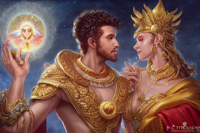 Image similar to close up moment of a divine a sun god and a moon goddess lovers magician at a wedding banquet, highly detailed, d & d, fantasy, highly detailed, digital painting, trending on artstation, concept art, sharp focus, illustration, art by artgerm and greg rutkowski and magali villeneuve