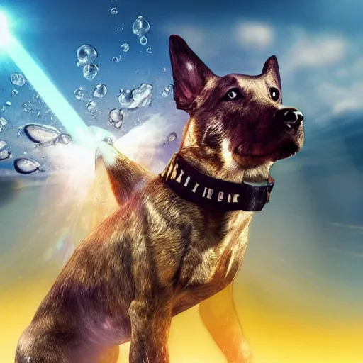 Prompt: a realistic dog superhero with water powers, glowing eyes, ocean background,he is floating in air