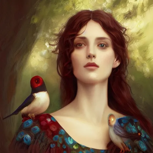 Prompt: a painting of a woman holding two birds, a character portrait by charlie bowater, featured on deviantart, pre - raphaelitism, pre - raphaelite, wiccan, deviantart