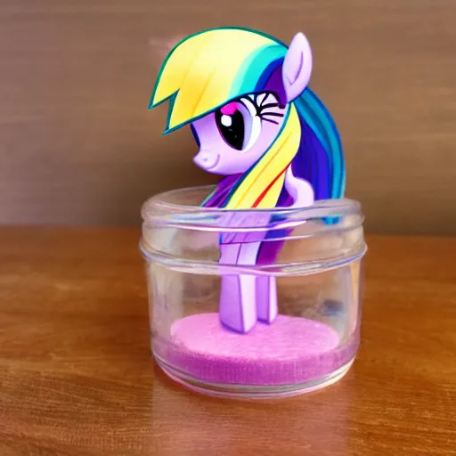 Image similar to a my little pony figure in a jar covered in a mysterious sticky yellowish fluid