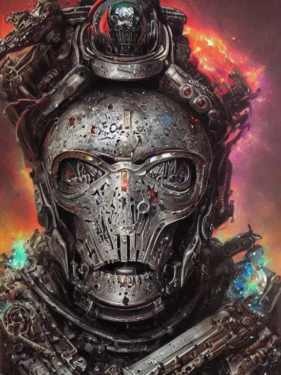 Prompt: art portrait of an undead space marine, intricate detailed armour ,8k,by tristan eaton,Stanley Artgermm,Tom Bagshaw,Greg Rutkowski,Carne Griffiths, Ayami Kojima, Beksinski, Giger,trending on DeviantArt,face enhance,hyper detailed,minimalist,cybernetic, android, blade runner,full of colour,