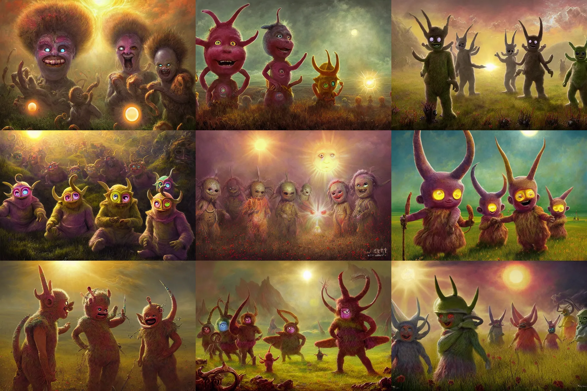 Prompt: highly detailed elden ring portrait photo of multicolored mumakil teletubbies with geometrically shaped antennas on their heads tormenting the souls of the damned in a hilly meadow in hell, a smiling face depicted as the sun on the horizon, hyperrealistic illustration by william didier pouget and tomasz alen kopera
