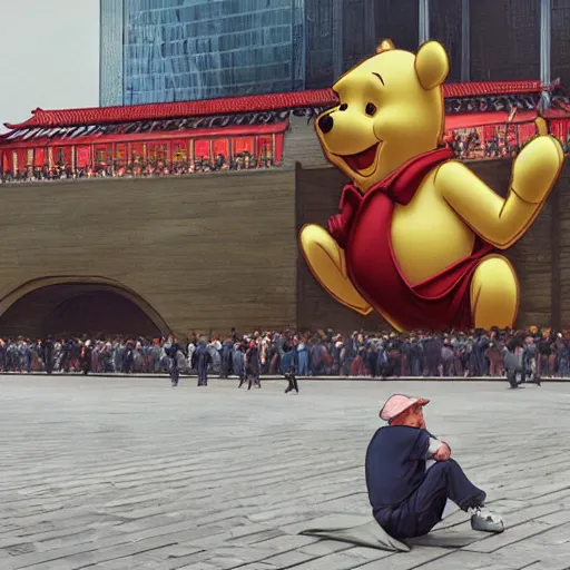 Prompt: screaming winnie the pooh protester sitting in front of 5 9 式 at tiananman square, dystopian, highly detailed, photorealistic, octane render, 8 k, unreal engine. art by artgerm and greg rutkowski and alphonse mucha