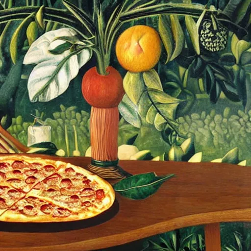 Prompt: A magaritha pizza on a marble table in a garden by Henri Rousseau