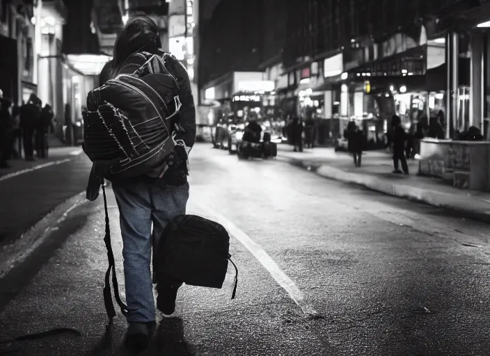 Image similar to photography of a Cat being carried in an half open backpack . in a new york street. award winning photo, led lighting, night, 130mm, sharp, high res