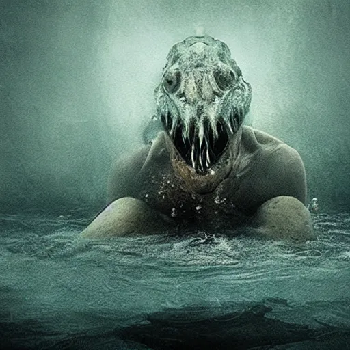 Image similar to sea monster about to eat pov underwater, visceral, unholy abomination, half submerged below eyes, pale skin, dark yellowish water, foggy water, dark, dramatic,'silent hill ', big eyes, alluring and terrifying, cinematic