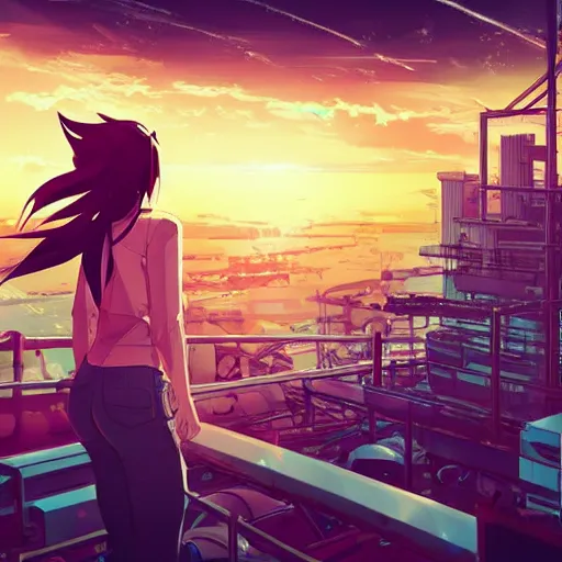 Prompt: android mechanical cyborg anime girl overlooking overcrowded urban dystopia. long flowing soft hair. scaffolding. pastel pink clouds baby blue sky. gigantic future city. raining. makoto shinkai. wide angle. distant shot. polygonal. High contrast. Heavy highlights. sunset. vast ocean sunset reflection