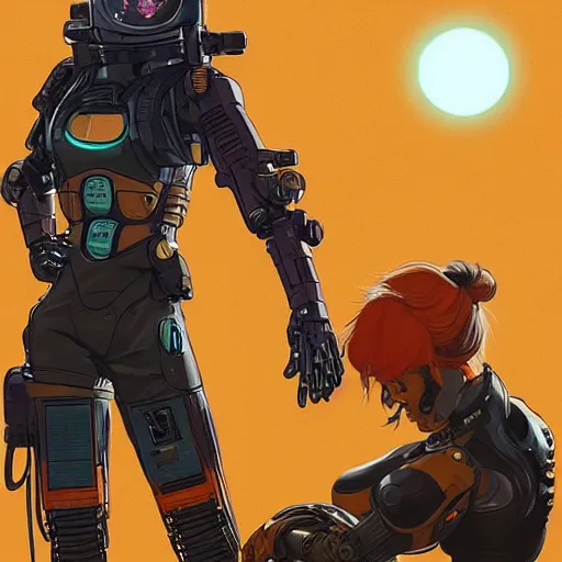 Image similar to cyberpunk mechanic lady with robotic legs. orange and black color scheme. concept art by james gurney and mœbius. apex legends character art