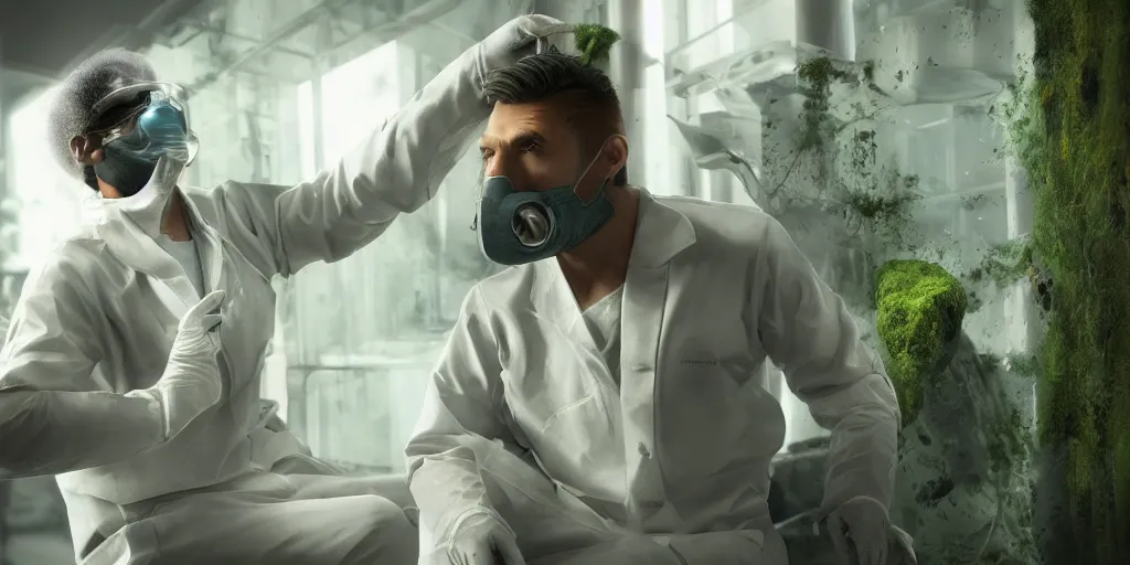 Image similar to a beautiful realistic man wearing a futuristic mask and a lab coat, lab covered in mold and moss, photorealistic, octane render, volumetric lighting,
