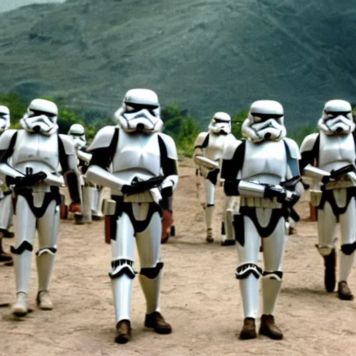 Image similar to star wars clone troopers offer aid to soldiers in vietnam, photo, old picture, lush landscape, field, firearms, war, bombs, explosions, x - wings, tie fighters, star wars droids