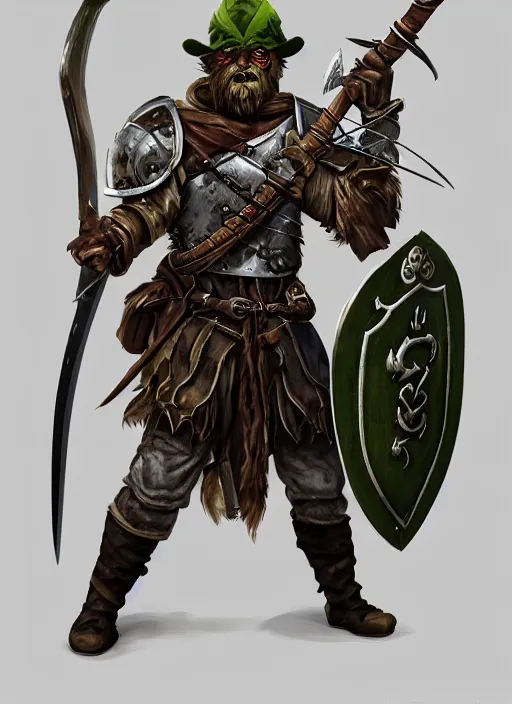 Image similar to strong young man, photorealistic bugbear ranger holding sword, fire magic, black beard, dungeons and dragons, pathfinder, roleplaying game art, hunters gear, jeweled ornate leather and steel armour, concept art, character design on white background, by norman rockwell, makoto shinkai, kim jung giu, artstation trending, poster art, colours red and green