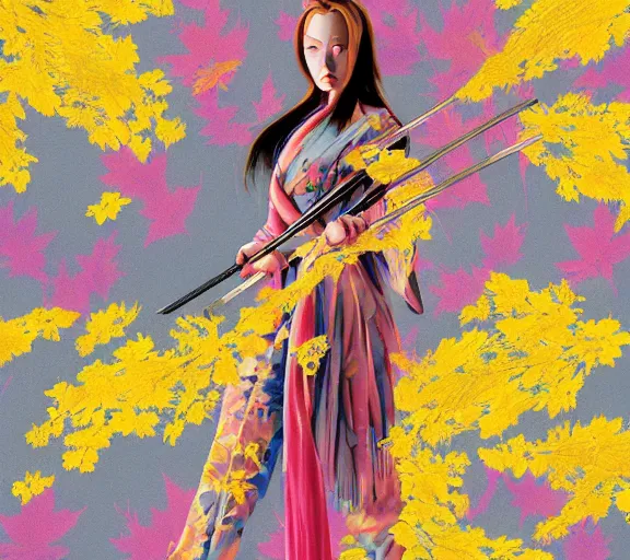 Image similar to breathtaking detailed pattern pastel colors, action scene from kill bill, with angelina jolie ( kill bill ) in yellow kimono, swinging katana sword and autumn leaves, fuji, by hsiao - ron cheng, exquisite detail, enhanced eye detail