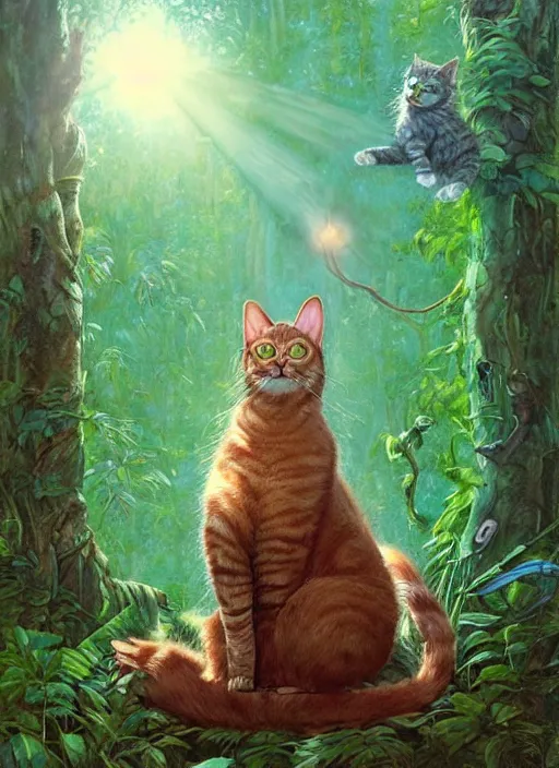 Image similar to a hyper realistic cat god with happy lighting and technology jewelry in the woods gorgeous lighting, sunbeams blue sky, lush forest foliage painting by chiara bautista and beksinski and norman rockwell and greg rutkowski weta studio, and lucasfilm