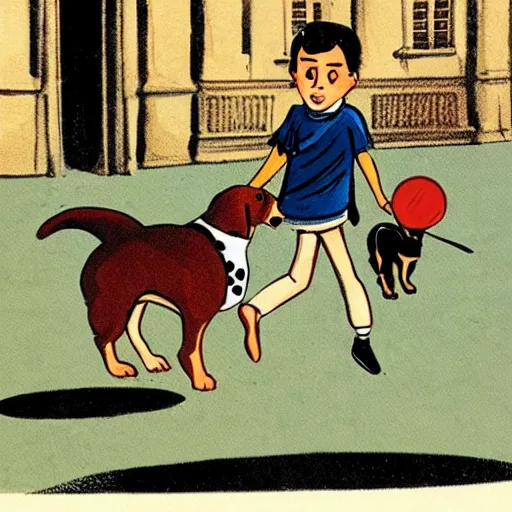 Image similar to book illustration of a french boy on the streets of paris playing football against a corgi, the dog is wearing a polka dot scarf, 1 9 6 6