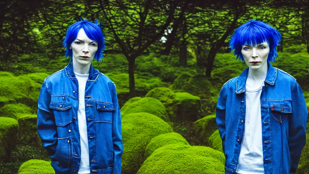 Image similar to portrait of a androgynous woman with blue hair, wearing a jeans jackets, a high collar t - shirt and baggy jeans, in the style of rogier van der weyden and jacopo da pontormo, standing in a botanical garden, bjork aesthetic, masterpiece, cyberpunk, asian art