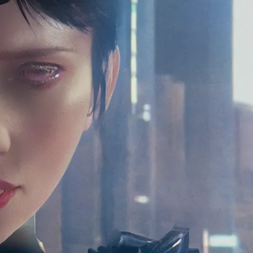 Image similar to a beautiful medium - shot still of scarlett johansson as the major motoko kusanagi from ghost in the shell, cyberpunk style, looking off into the distance, angled bob hairstyle, black hairs, ultra realistic, soft, blue hour, soft neons light from night city falling on her face. focus on her eyes and brows. by annie leibowitz