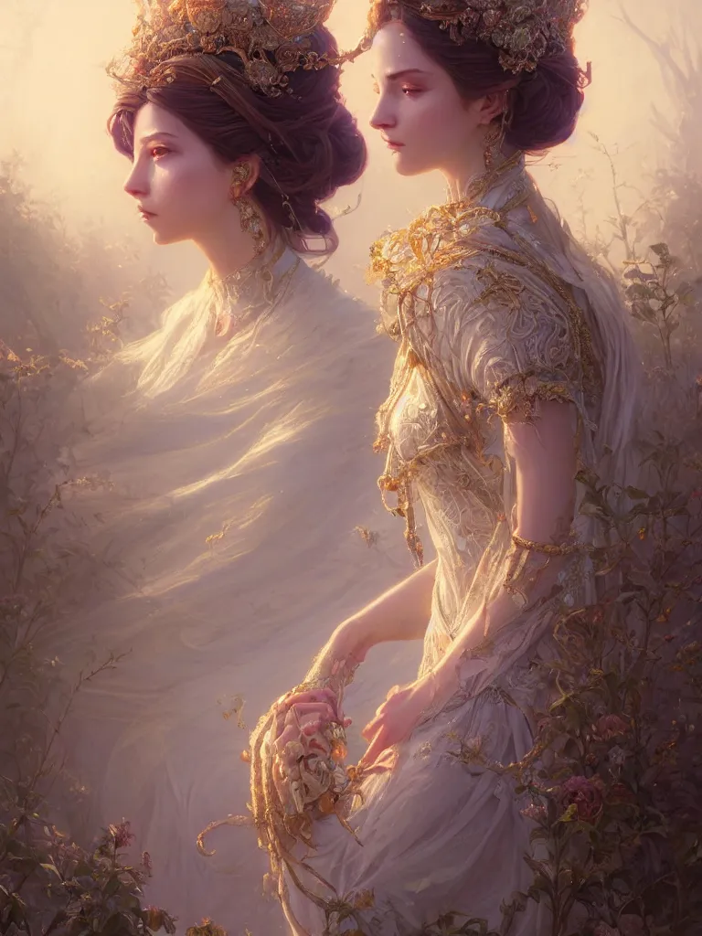 Image similar to highly detailed portrait of beautiful ethereal woman in ornate clothing, stephen bliss, unreal engine, fantasy art by greg rutkowski, loish, rhads, ferdinand knab, makoto shinkai and lois van baarle, ilya kuvshinov, rossdraws, tom bagshaw, global illumination, radiant light, detailed and intricate environment