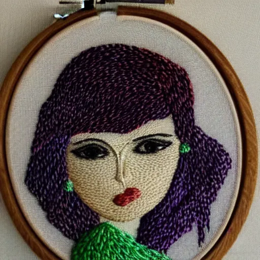 Image similar to a tiny beautiful handmade embroidery of a woman. hand embroidery.