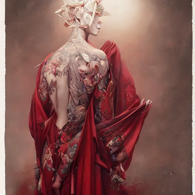 Image similar to ultra realistic illustration, beautiful ethereal woman dressed in red kimono, backview, tattoos, in the style of peter mohrbacher by weta digital and beth cavener, high face symmetry, intricate, masterpiece, award winning, high face symmetry, intricate