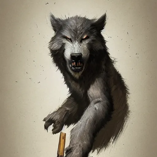 Image similar to a portrait of a cute handsome cuddly soft werewolf using a wooden club character concept art masterpiece digital art by Greg Rutkowski, Simon Stalenhag, trending on Artstation, CGSociety