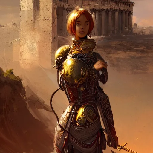 Image similar to portrait knights of Zodiac girl, metallic black and reddish color reflected armor, in ruined Agora of Athens, ssci-fi, fantasy, intricate, very very beautiful, elegant, golden light, highly detailed, digital painting, artstation, concept art, smooth, sharp focus, illustration, art by tian zi and WLOP and alphonse mucha