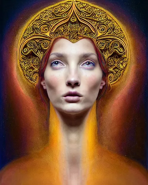 Image similar to portrait of a beautiful young goddess' face merging with a cathedral building, unusual beauty, etheric, outworldly dimmed colours, emotionally evoking symbolic metaphors, head in focus, fantasy, ornamental, intricate, elegant, highly detailed painting, artstation, concept art, painterly, golden ratio, sharp focus, art by James Jean and Zdzisław Beksiński and Antonio Mora,