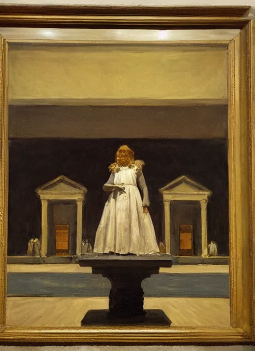 Image similar to a teratomaon a plinth in the middle of a museum room full of people painted by hopper and goya