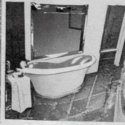 Image similar to a newspaper clipping with a photo showing a luxurious bathroom with a smashed mirror shattered on the floor