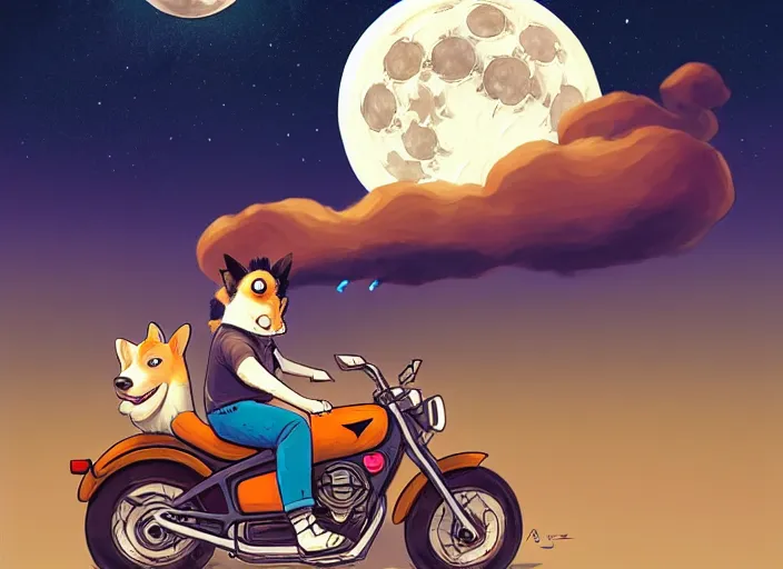 Image similar to a cell shaded cartoon corgi riding a motorcycle, with a big head, on a desert road, wide shot, in front of a big moon, muted colors, post grunge, josan gonzales, wlop, by james jean, victor ngai, hq, deviantart, art by artgerm