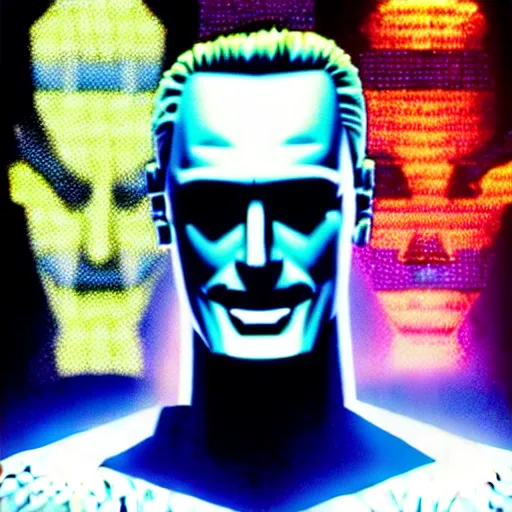 Image similar to uhd hyperrealistic photorealisitc detailed image of cosmic max headroom with sparking, busted, broken cybernetic implants, correct face, matt frewer as max headroom by ayami kojima, akira toriyama, and shonen jump.