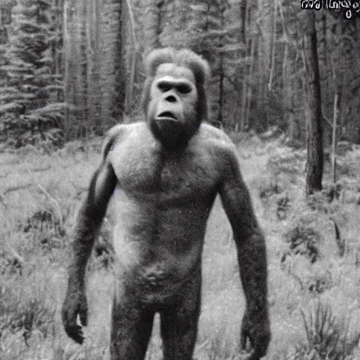 Prompt: first known image of a Sasquatch found footage