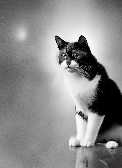 Image similar to cinematic shot epic black and white cat, hyper realistic, mood lighting, fantasy, detailed cat, highly detailed, super realistic, perfect lighting pixel sorting, style sheet