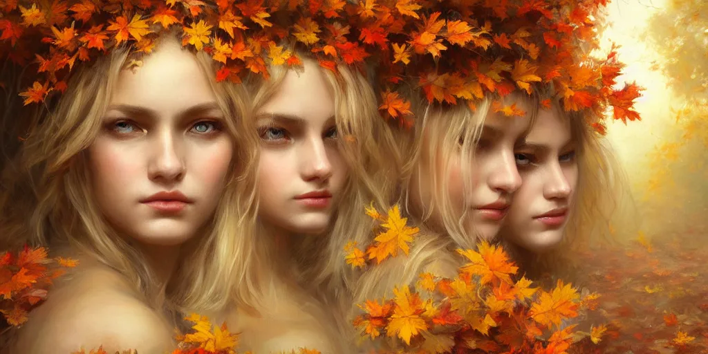 Prompt: breathtaking detailed concept art painting pattern of blonde goddesses faces blend of autumn leaves, by volegov, bizarre compositions, exquisite detail, extremely moody lighting, 8 k