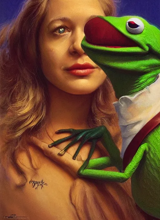 Image similar to portrait of kermit the frog in the fly ( 1 9 8 6 ), highly detailed, centered, solid color background, digital painting, artstation, concept art, smooth, sharp focus, illustration, artgerm, donato giancola, joseph christian leyendecker, les edwards, ed repka, wlop, artgerm