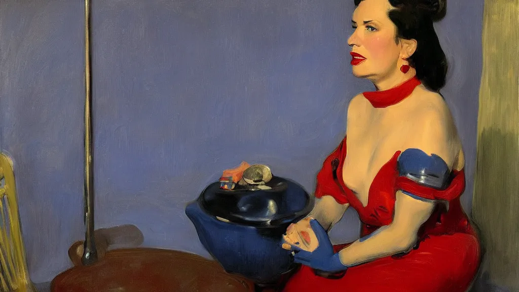 Prompt: portrait of rebekah delrio in mulholland drive, big persian blue pot, blue and red lights painted by john singer sargent