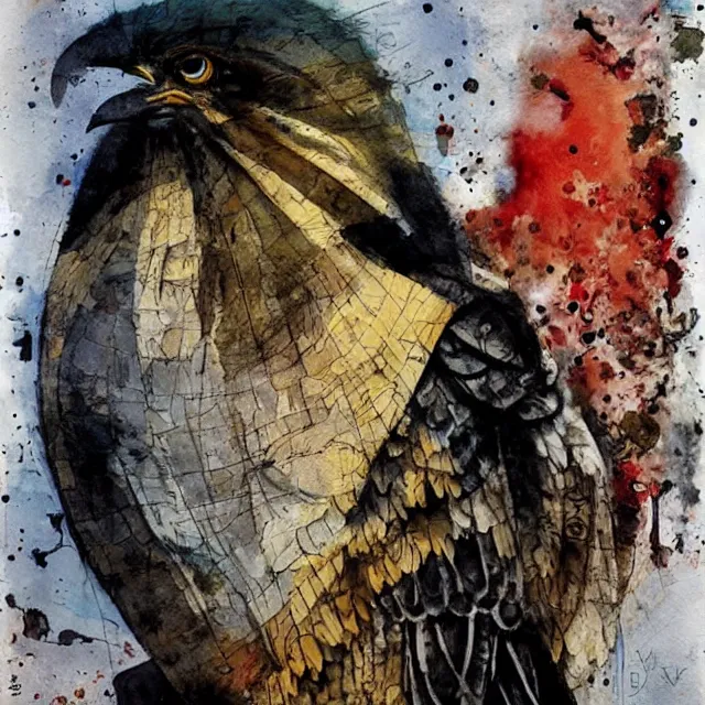 Prompt: expresionistic watercolor of Horus the falcon headed egyptian god, by Enki Bilal, by Dave McKean, by Peter Mohrbacher, graffiti paint, vintage, splatters, scratches
