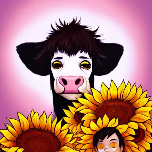 Prompt: the face of a cow with big sunflowers surrounding it, lois van baarle, ilya kuvshinov, rossdraws, artstation