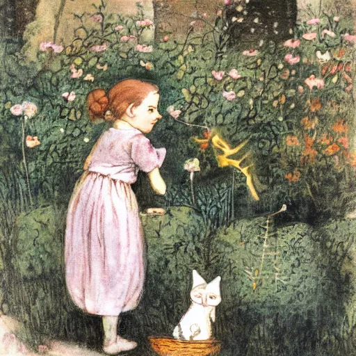 Prompt: cat hunting a fairy in a garden by cicely mary barker girl is holding a bowl