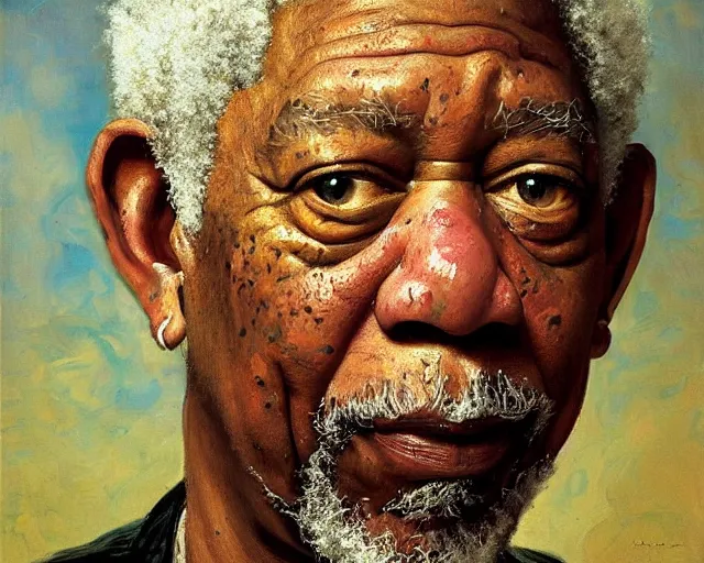 Image similar to painterly portrait, morgan freeman, impasto, fantasy, chuck close:7, carl spitzweg:7, cinematic light, full face, symmetrical face