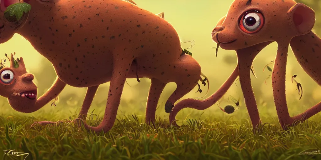 Prompt: of an intricate hazy savanna with strange weird cute creatures with long tongues, big eyes and huge noses appearing from the ground, in the style of bratz, low angle, macro lens, shallow depth of field, highly detailed, digital painting, trending artstation, concept art, illustration, cinematic lighting, vibrant colors, photorealism, epic, octane render