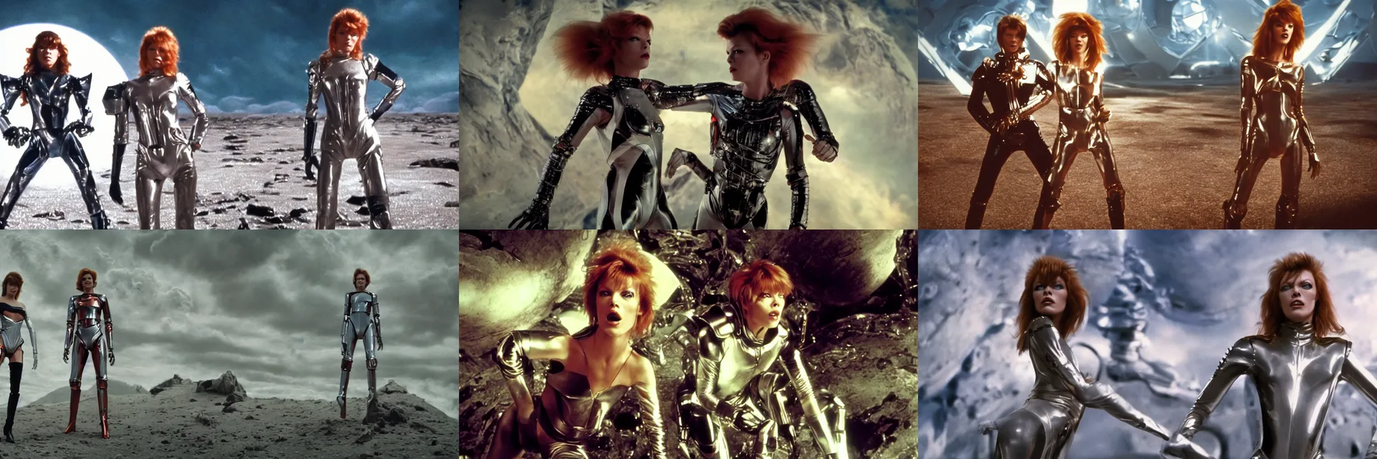 Prompt: a portrait of milla jovovich and david bowie as barbarella wearing a surreal rock glamour fantasy spacesuit, beautiful, heroic action pose, soft focus, depth of field, stunning alien landscape, cinematic, film grain, wide shot, in the style of kubrick, ridley scott, tommy the musical, star wars, unreal engine