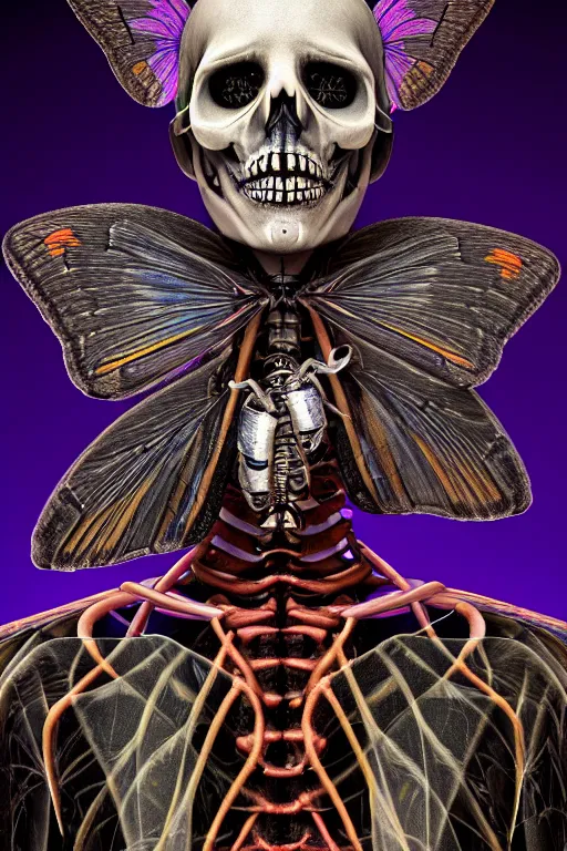 Image similar to a portrait of a skelton with moth wings, highly detailed, digital photo, hdri, by christopher bretz and john carpenter, vivid colors, high contrast, 8 k resolution, intricate, photorealistic, smooth, psychedelic color scheme, concept art, award winning, cg society contest winner