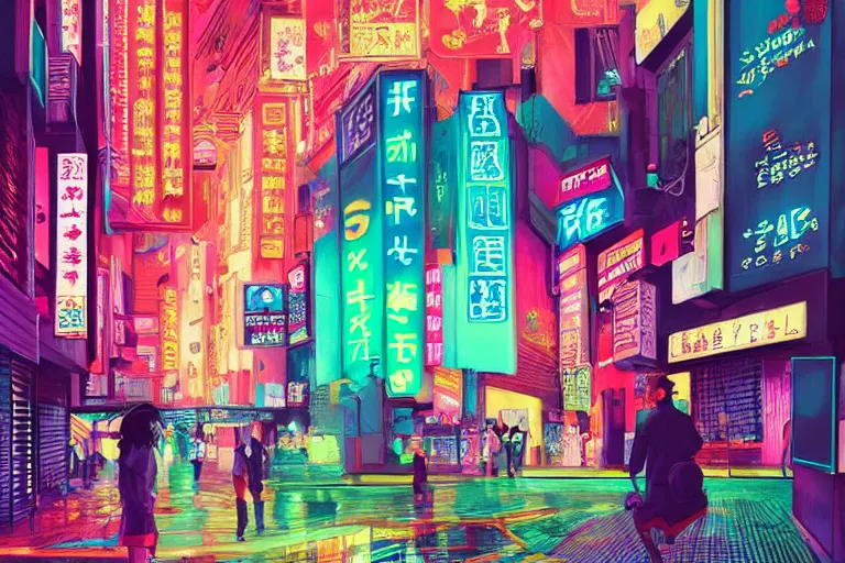 Image similar to neon city of tokyo japan, illustration painting, intricate, detailed illustration, hd, digital art, overdetailed art, concept art, complementing colors, detailed, illustration painting by leonardo da vinci, digital art, overdetailed art, concept art, complementing colors rendered by beeple, syd meade,