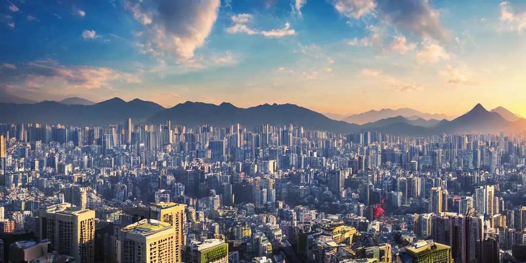 Image similar to Seoul city view, high rises with snow-capped mountains in the background, photograph, photorealism, atmospheric light, clouds, sunset time