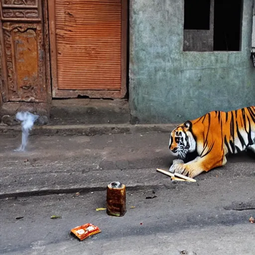 Prompt: photograph of a Tiger smoking smoking a joint in the streets of Dhaka