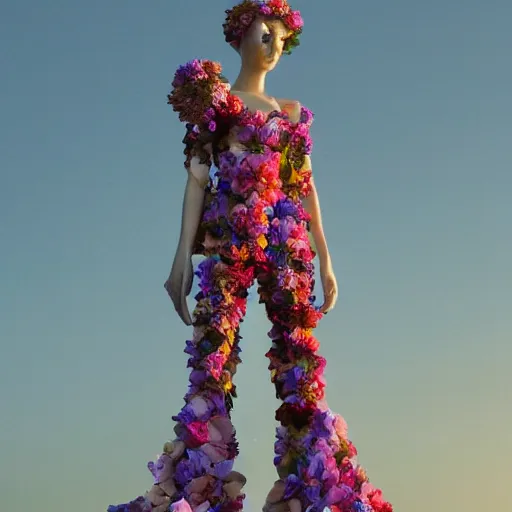 Image similar to A world of various flowers and plants, in which there is a figure of a human, dressed in something magical and impressive, inside this clothes infinity is all in sunset light