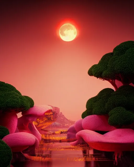 Image similar to the most beautiful sunset, giant pink full moon, a giant fluffy cloud morphing into a light great and red frog, coherent design, symmetrical, concept art, vivid color, complementary color, golden ratio, detailed, sharp lines, intricate, rainbowshift, by mc escher, by sahm, octane render